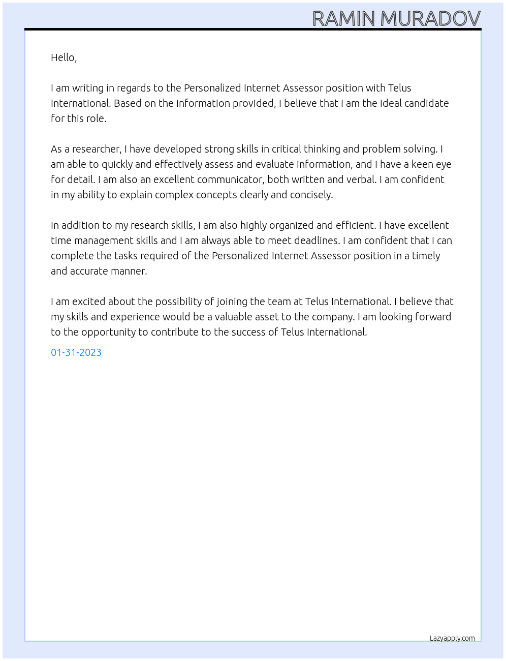 Personalized Internet Assessor At Telus International Cover Letter
