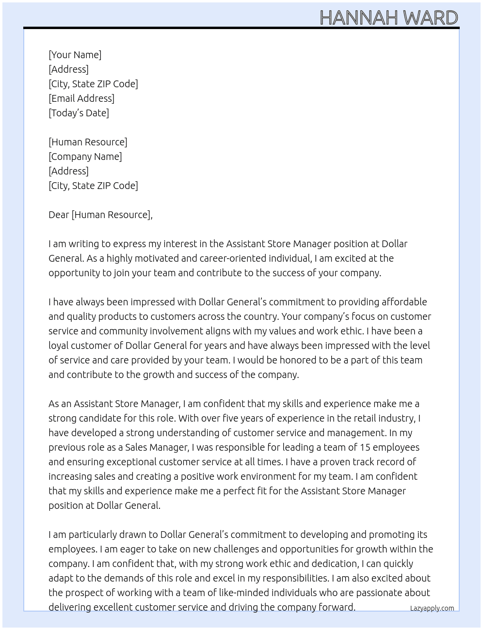 Assistant Store Manager At Dollar General Cover Letter
