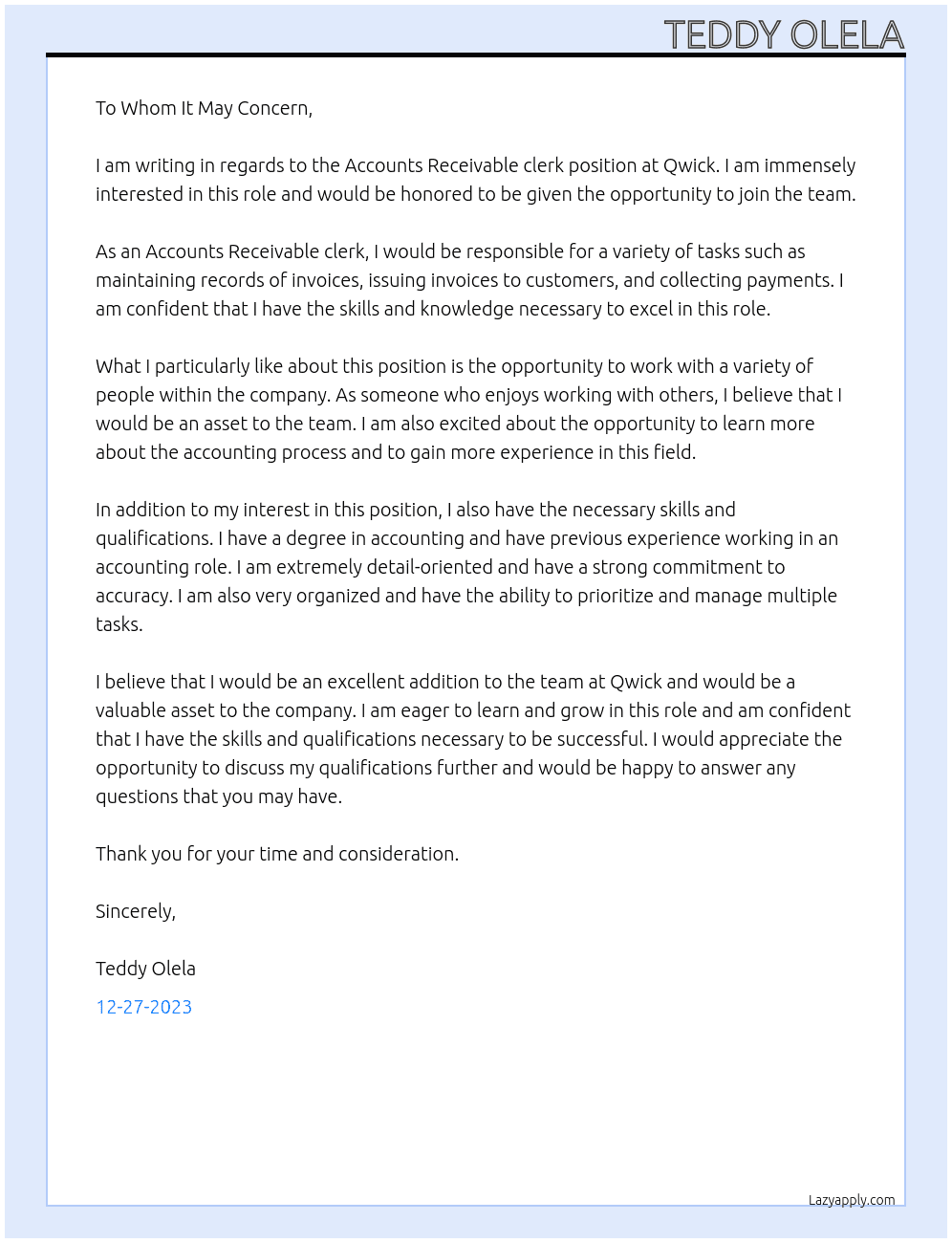 Accounts Receivable clerk At Qwick Cover Letter