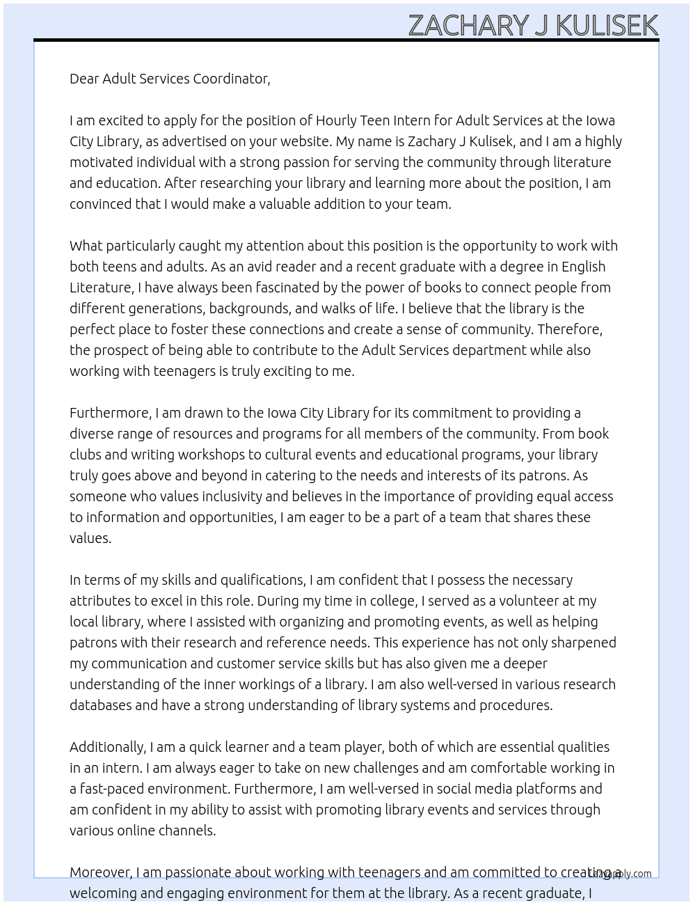HOURLY TEEN INTERN - ADULT SERVICES At Iowa City Library Cover Letter
