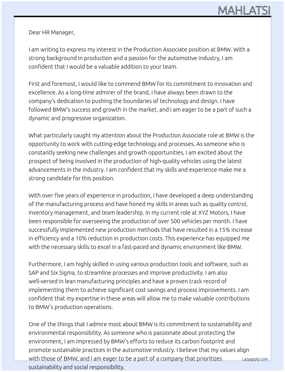 Production associate  At BMW Cover Letter