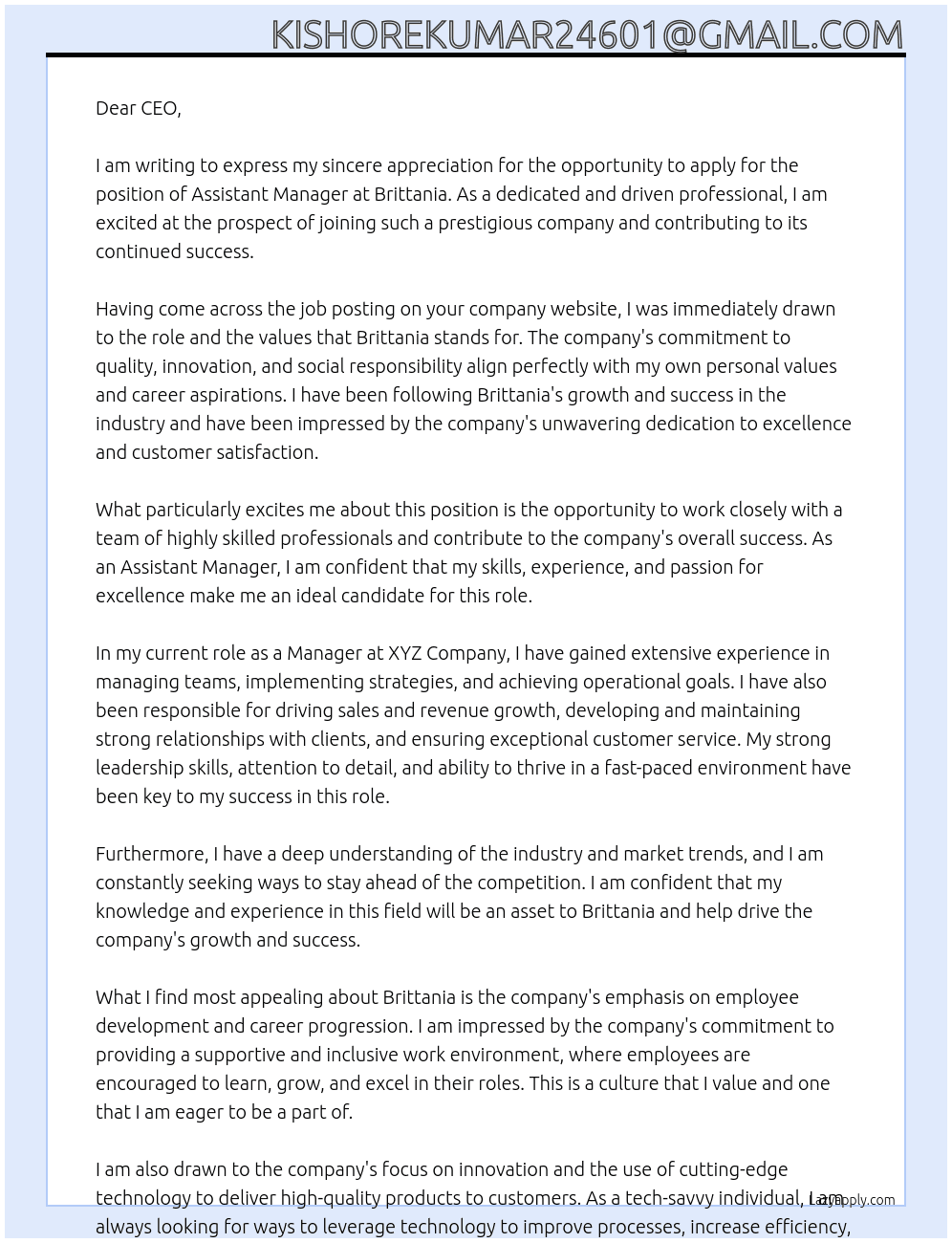 Assistant manager At Brittania Cover Letter