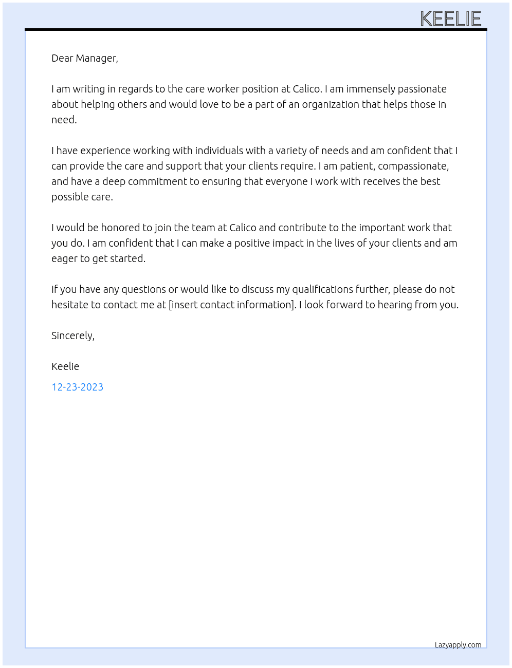 Care worker At calico Cover Letter