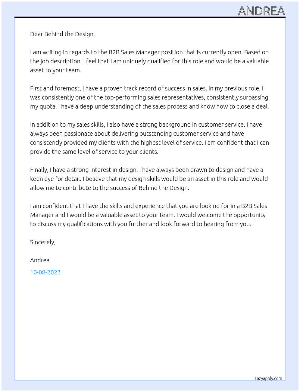 B2B Sales Manager At Behind the Design Cover Letter