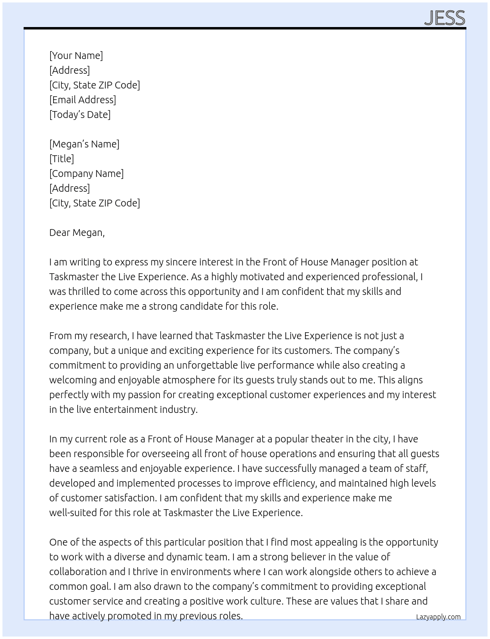 Front of House Manager  At Taskmaster the Live experience  Cover Letter