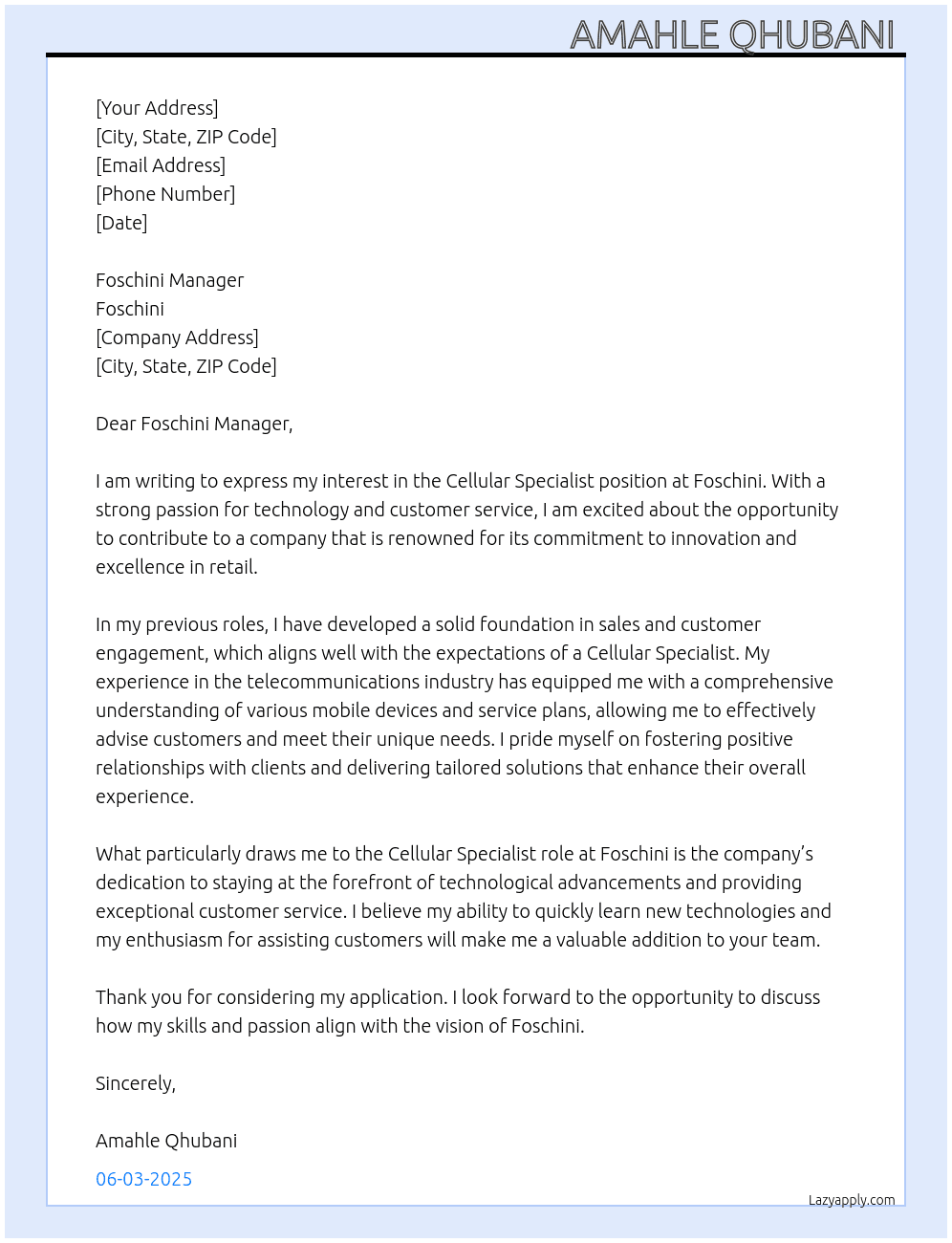 Cellular specialist  At Foschini  Cover Letter