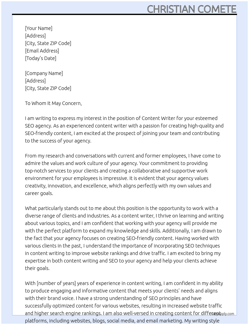 Content writer for SEO agency At SEO agency Cover Letter