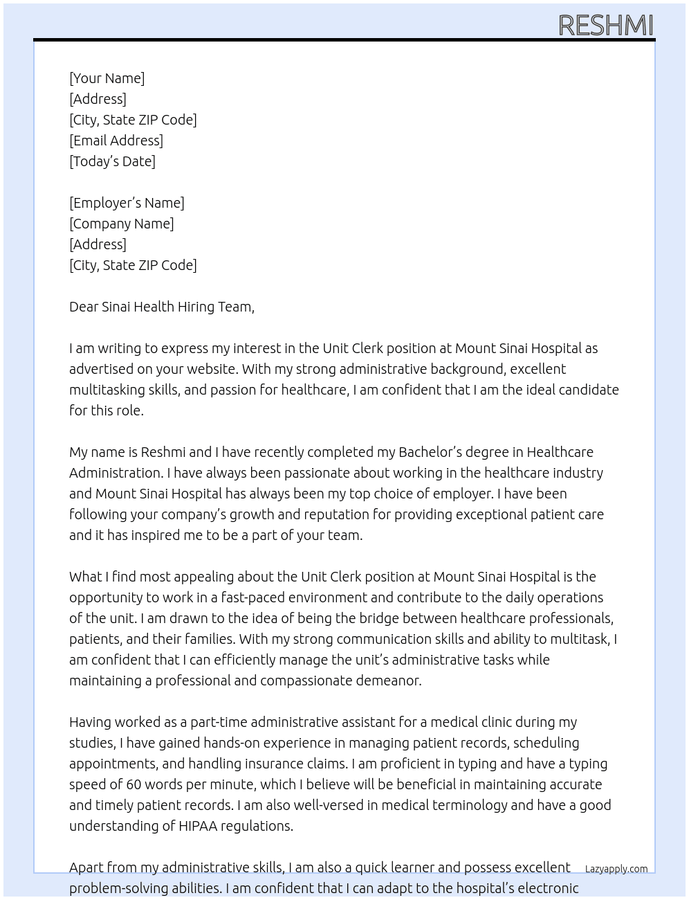 Unit clerk  At Mount Sinai Hospital Cover Letter