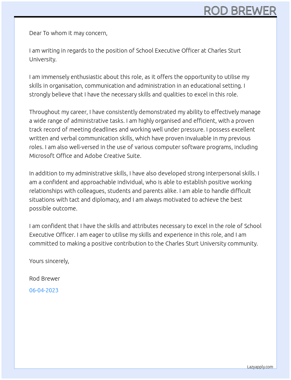 School executive Officer At Charles Sturt Uni Cover Letter