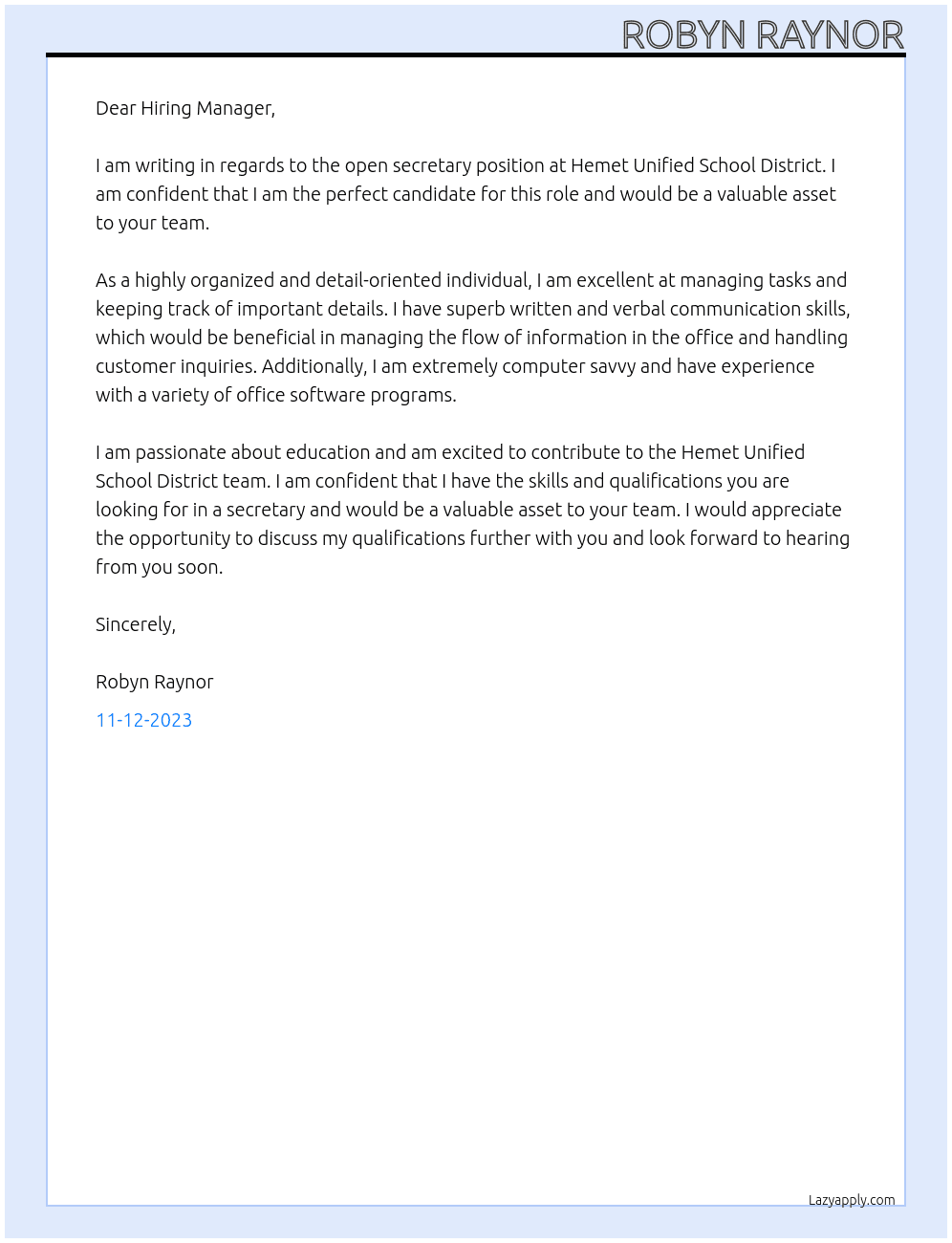 Secretary position  1  At Hemet unified school district  Cover Letter