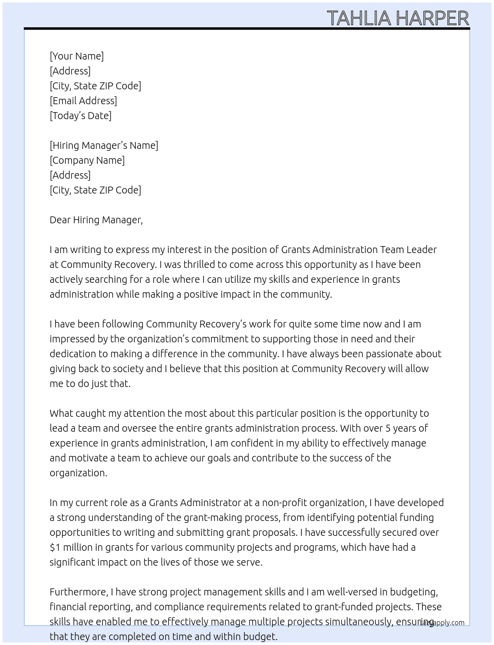Grants Administration Team Leader At Community Recovery Cover Letter