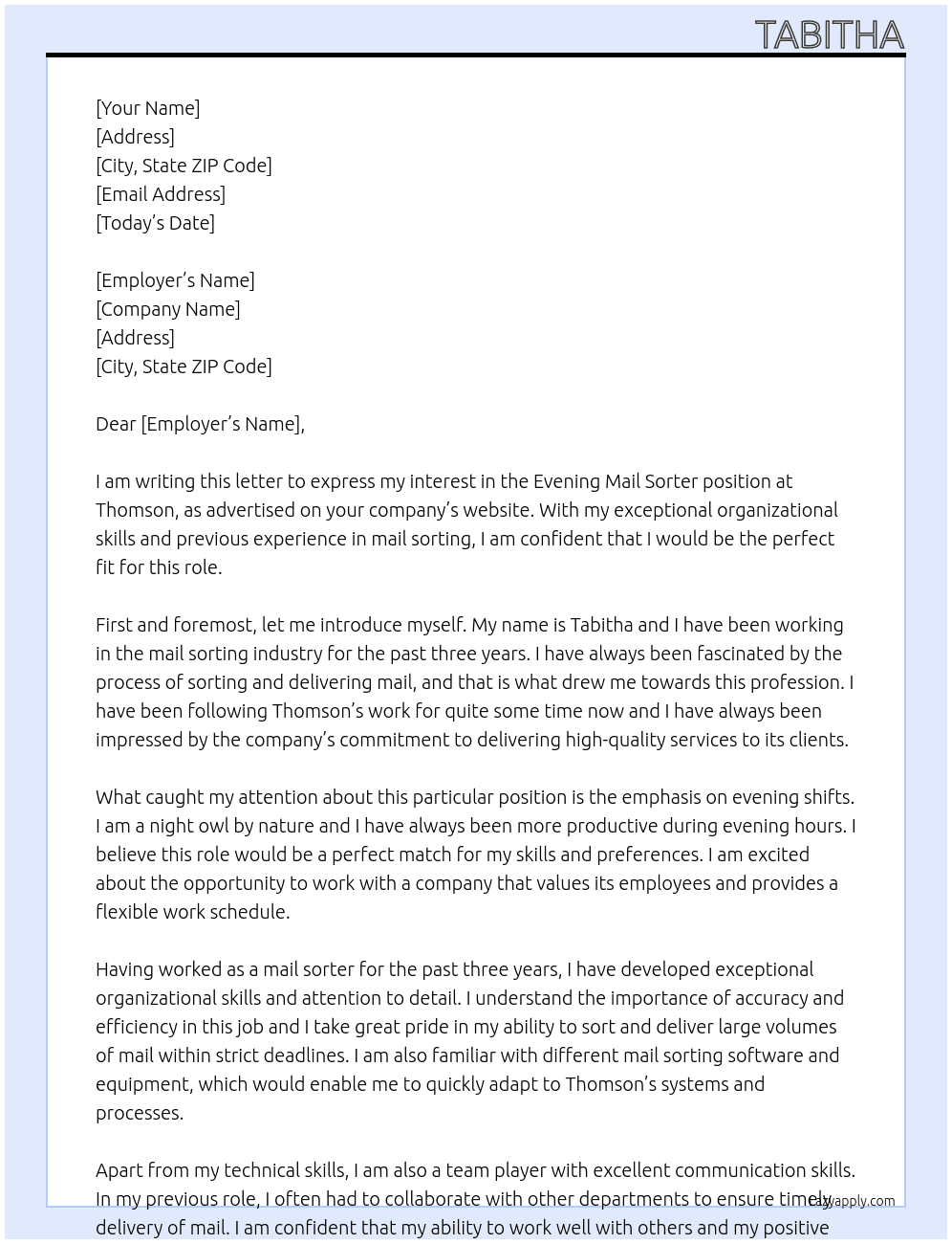 Evening Mail Sorter At Thomson Cover Letter