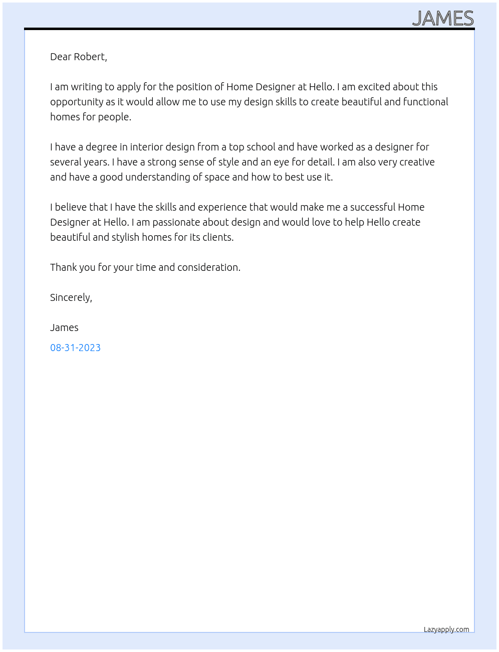 Home Designer At Hello Cover Letter
