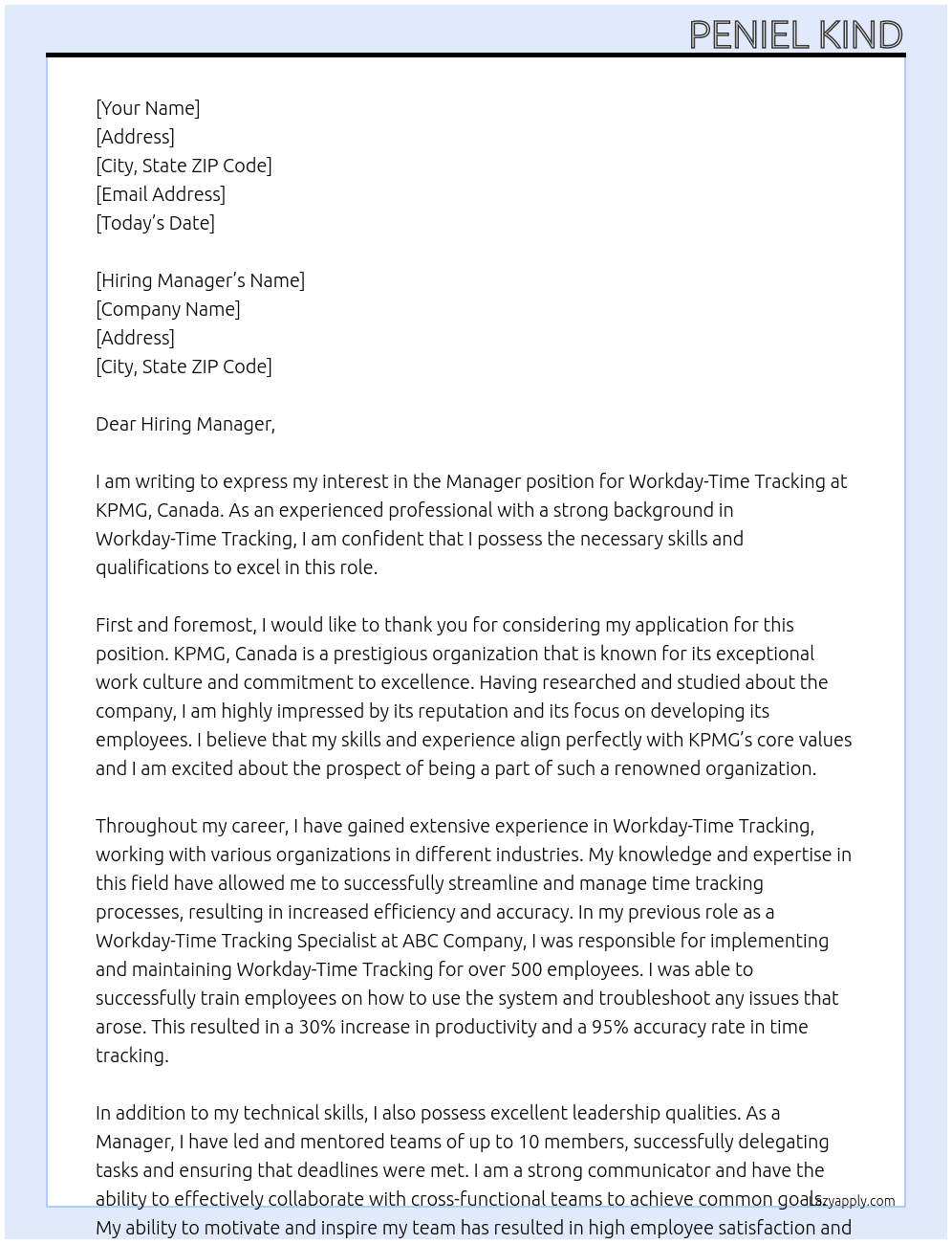 Manager, Workday-Time Tracking At KPMG, Canada Cover Letter