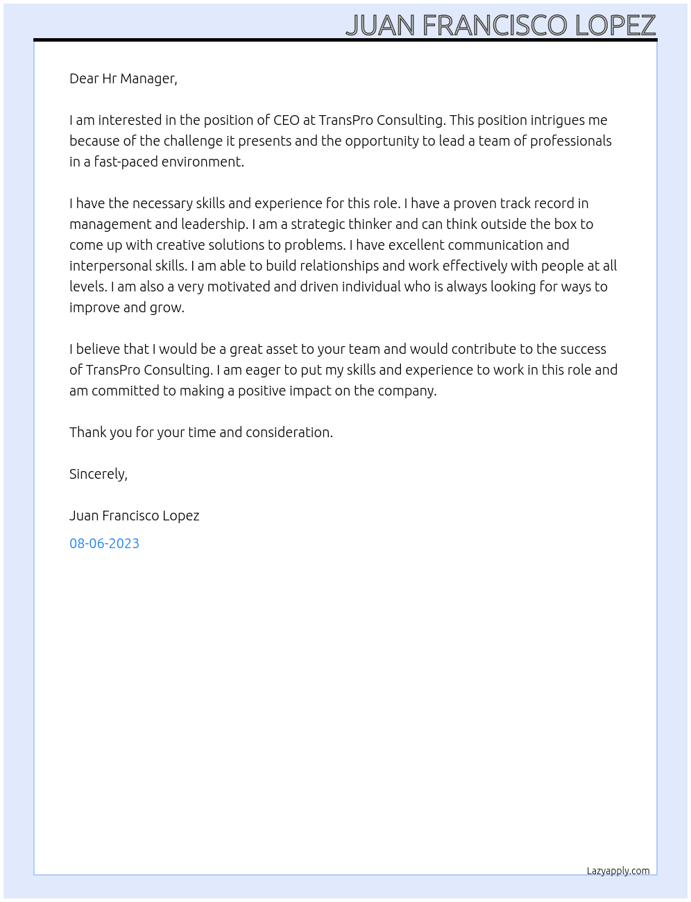 CEO At TransPro Consulting Cover Letter