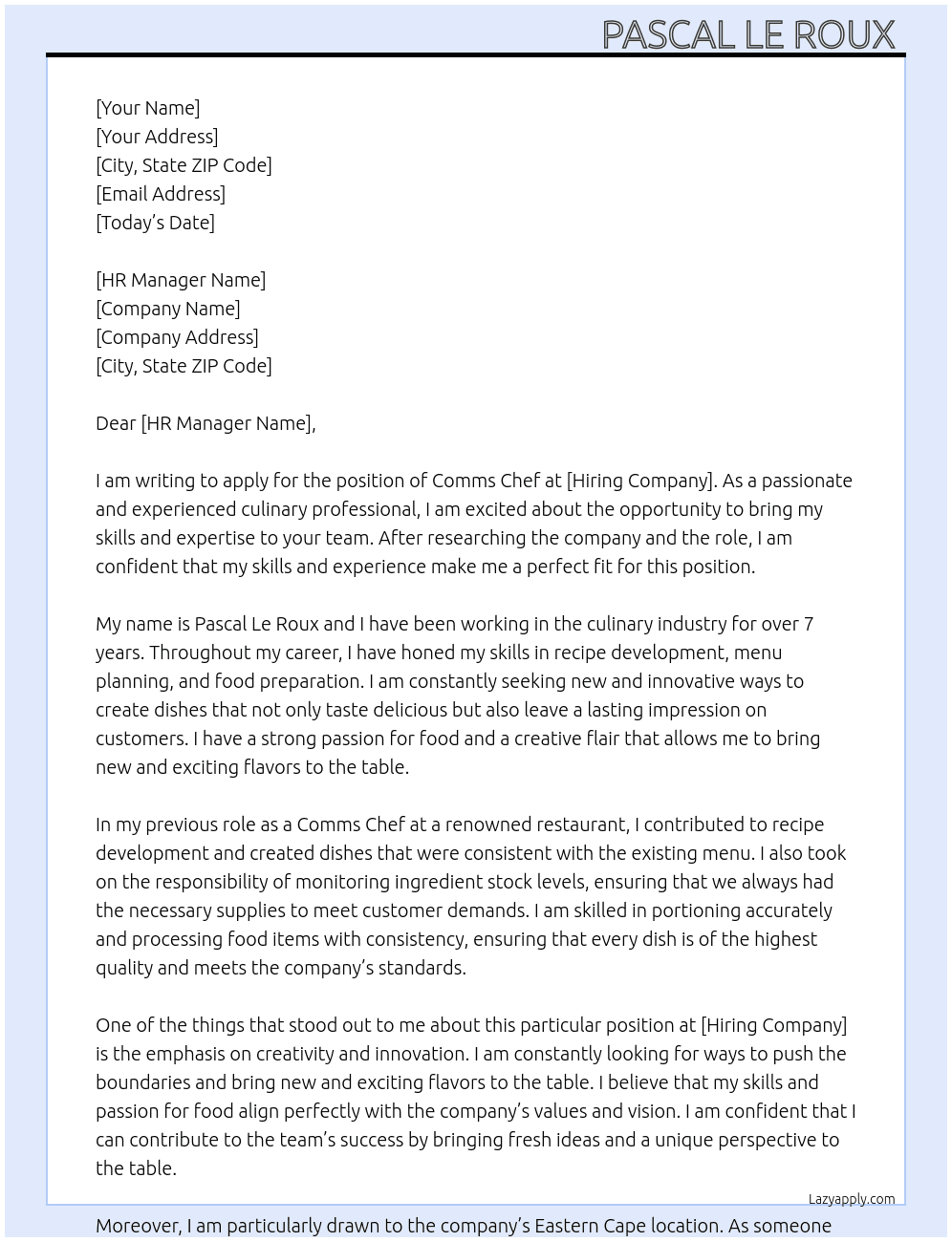 Comms Chef  At Hiring Cpmpany  Cover Letter