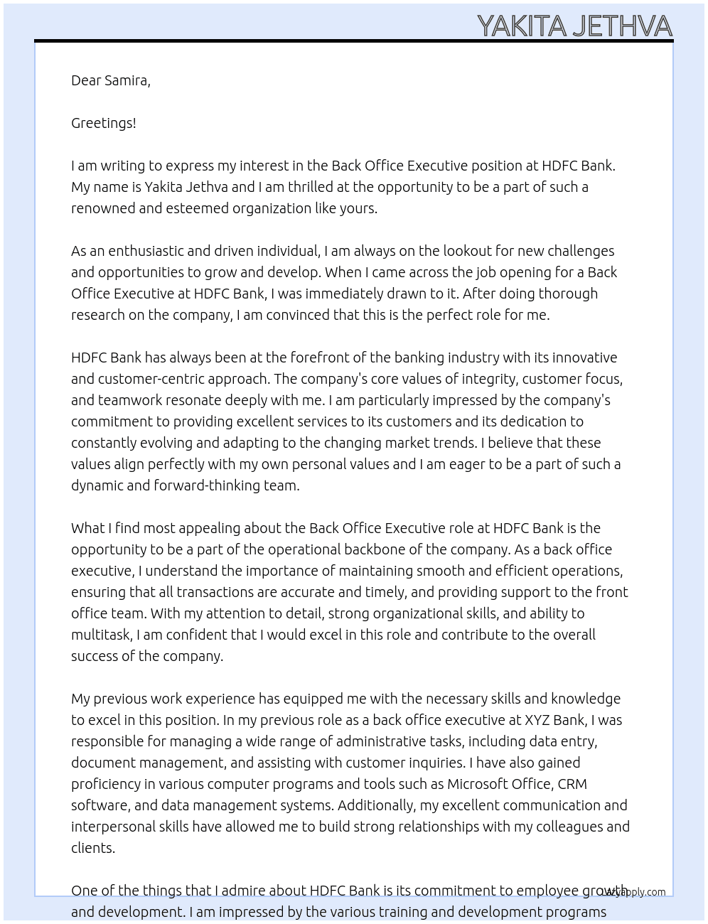 Back Office Executive  At HDFC BANK  Cover Letter