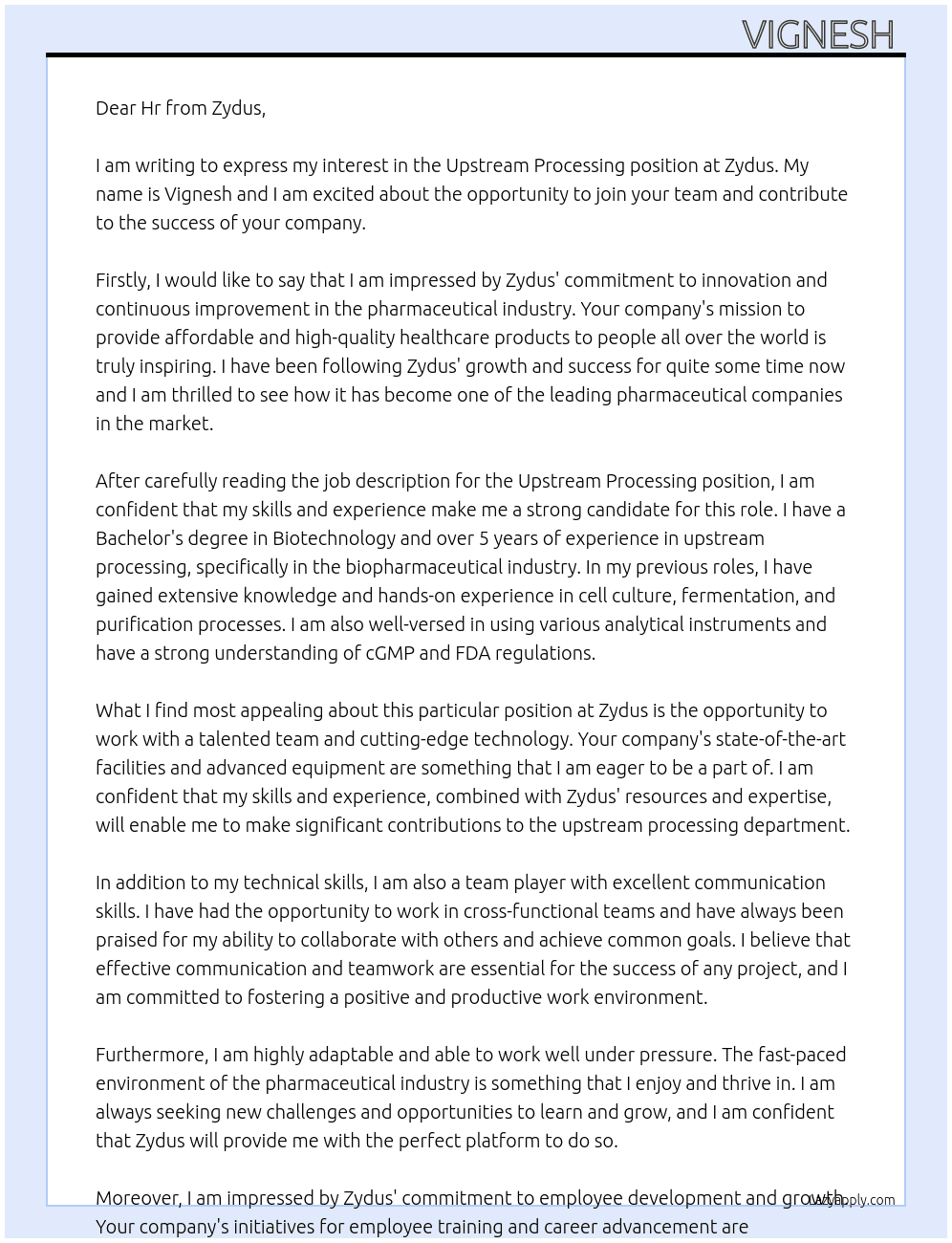Upstream processing  At Zydus Cover Letter
