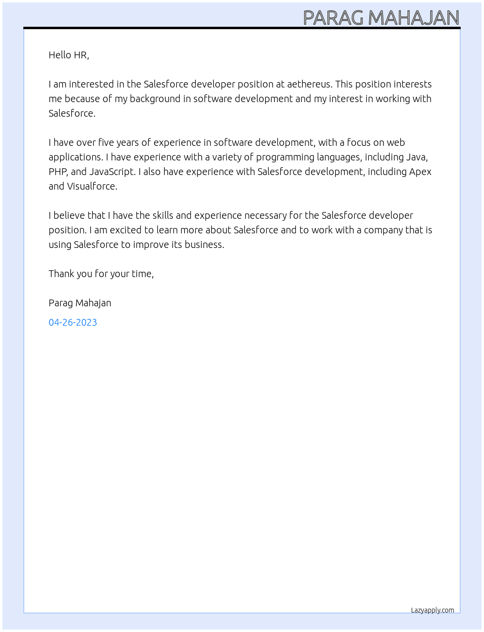 salesforce developer At aethereus Cover Letter