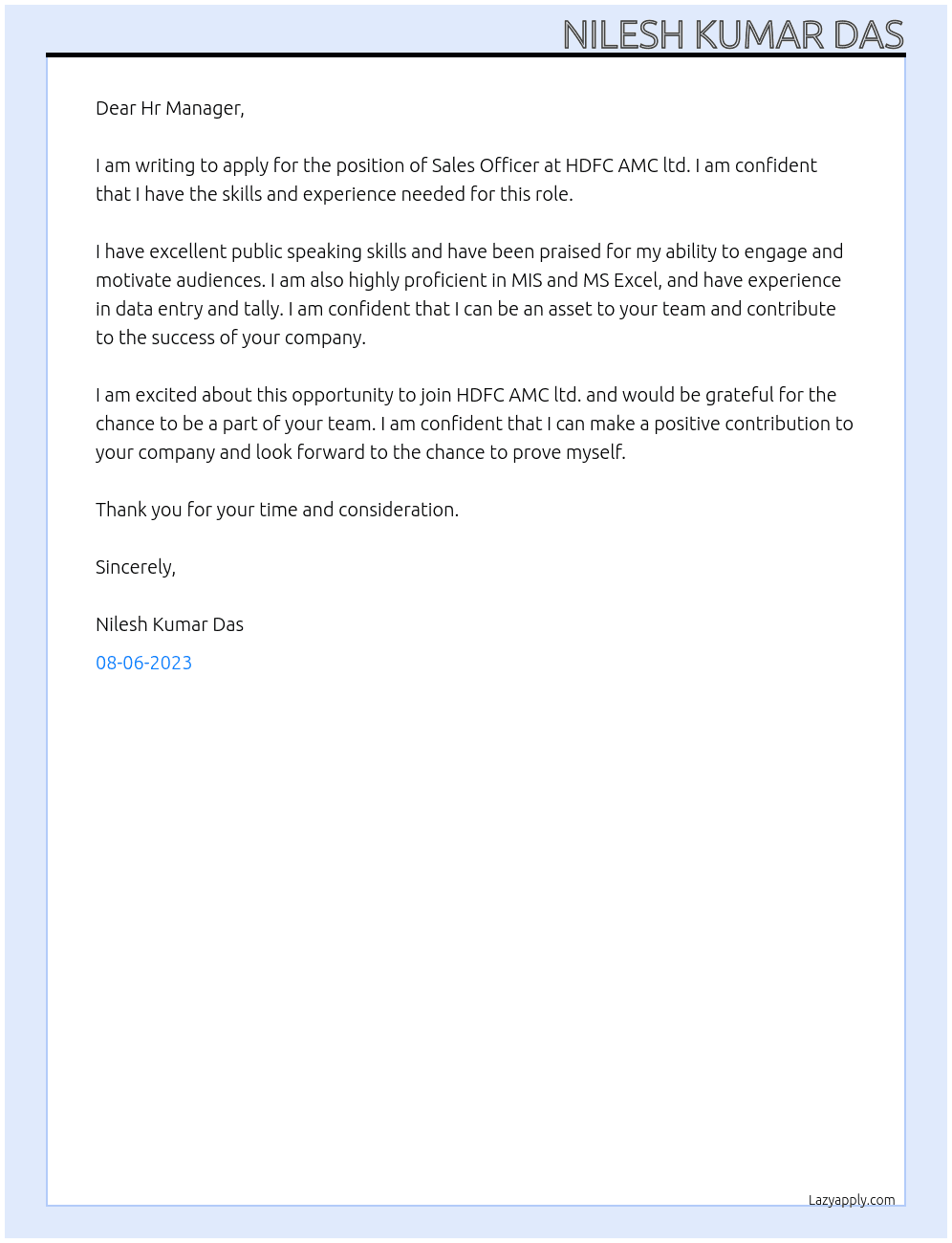 Sales Officer  At HDFC AMC ltd. Cover Letter