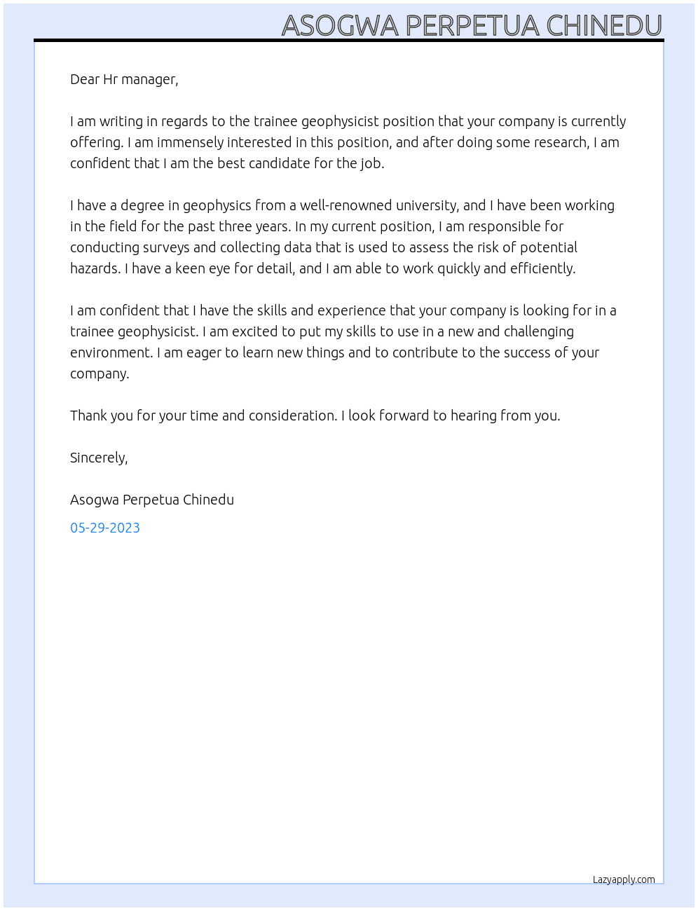 trainee geophisicist At marine survey company Cover Letter