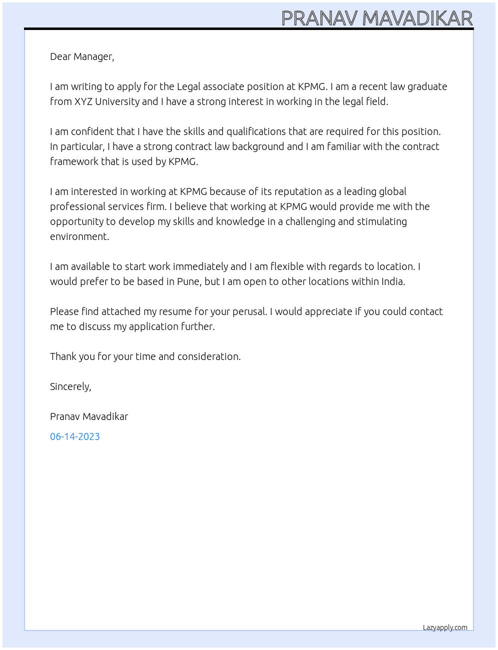 Legal associate At KPMG Cover Letter