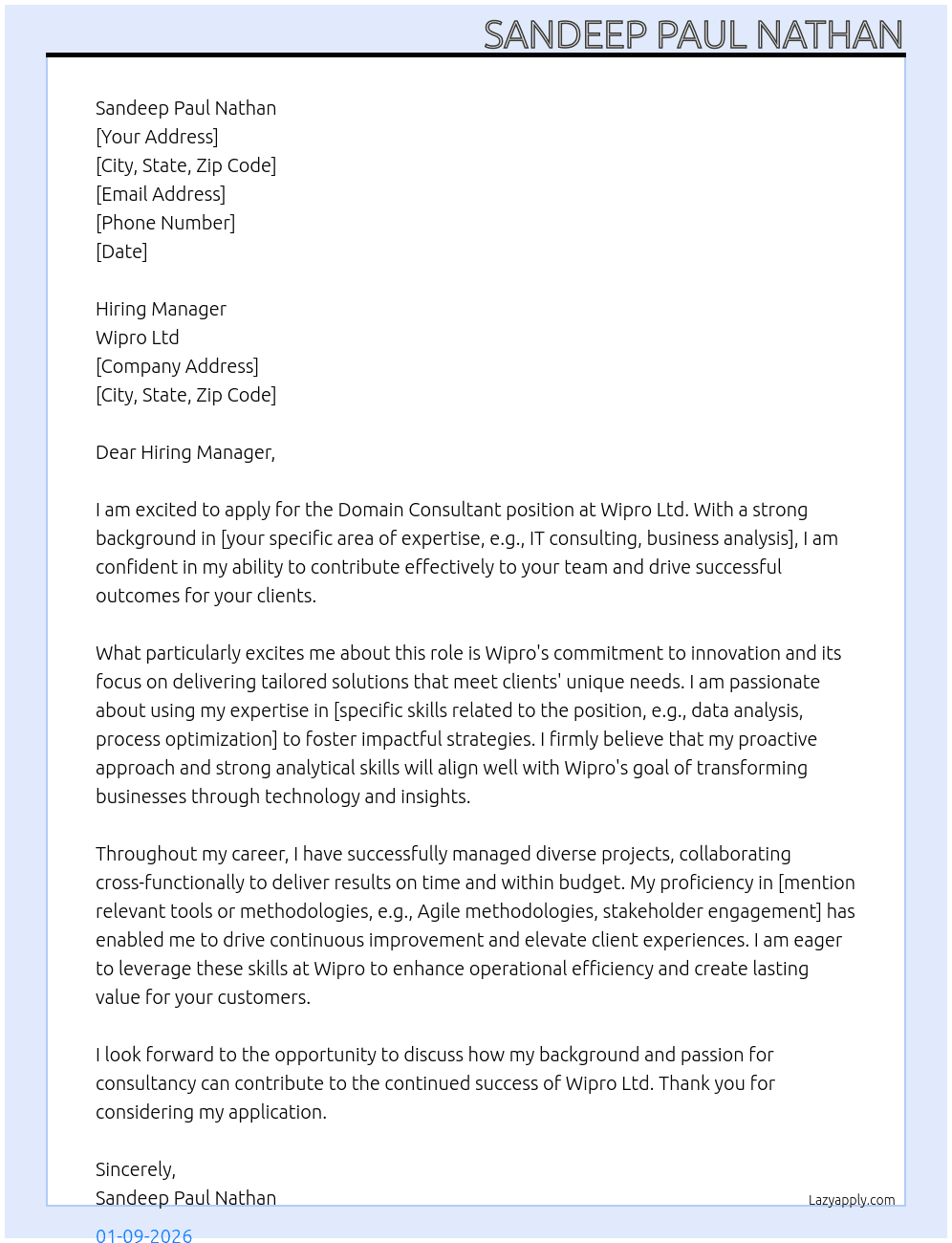 Domain Consultant At Wipro Ltd Cover Letter