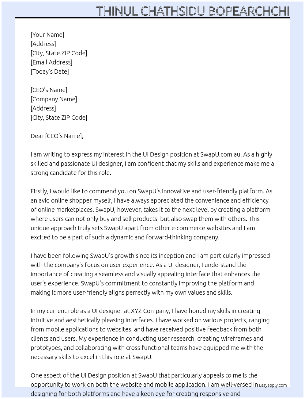 ui design At SwapU.com.au Cover Letter