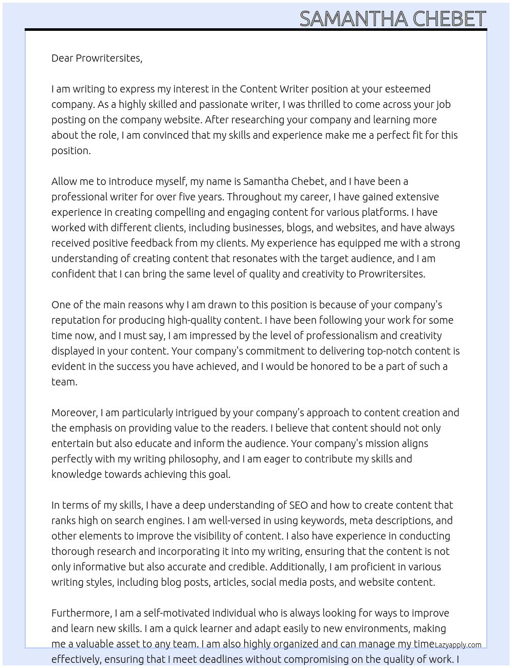 content writer At prowritersites Cover Letter