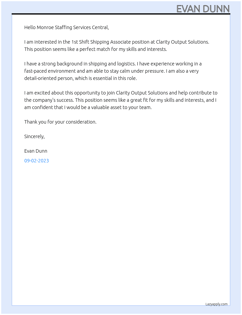1st Shift Shipping Associate At Clarity Output Solutions Cover Letter