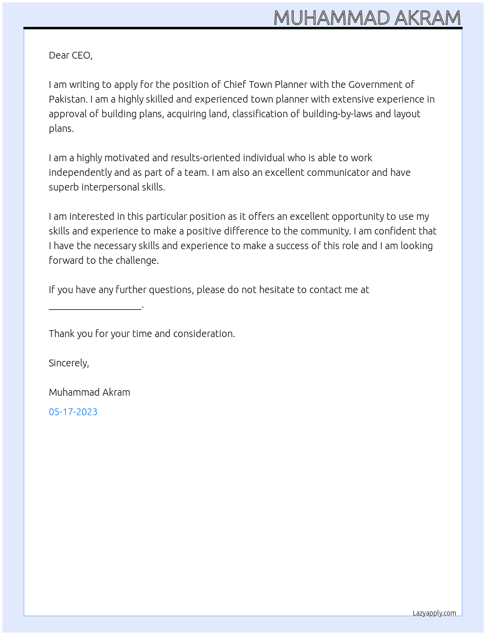 Chief Town Planner At Government of Pakistan Cover Letter