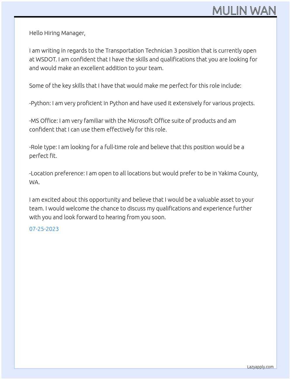 transportation technician 3 At WSDOT Cover Letter