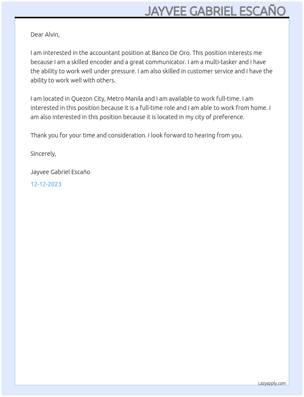 Accountant At Banco De Oro Cover Letter