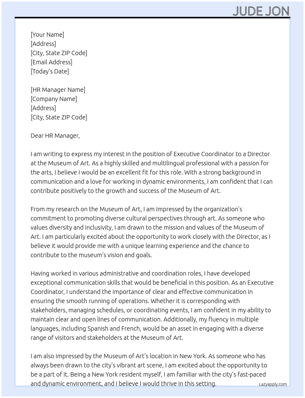 Executive Coordinator to a Director At Museum of art Cover Letter