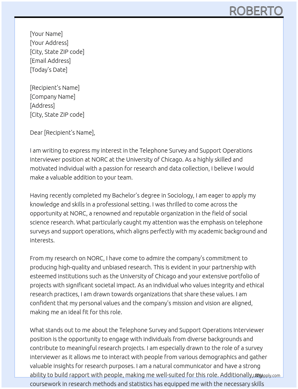 Telephone Survey and Support Operations Interviewer At NORC at the University of Chicago Cover Letter