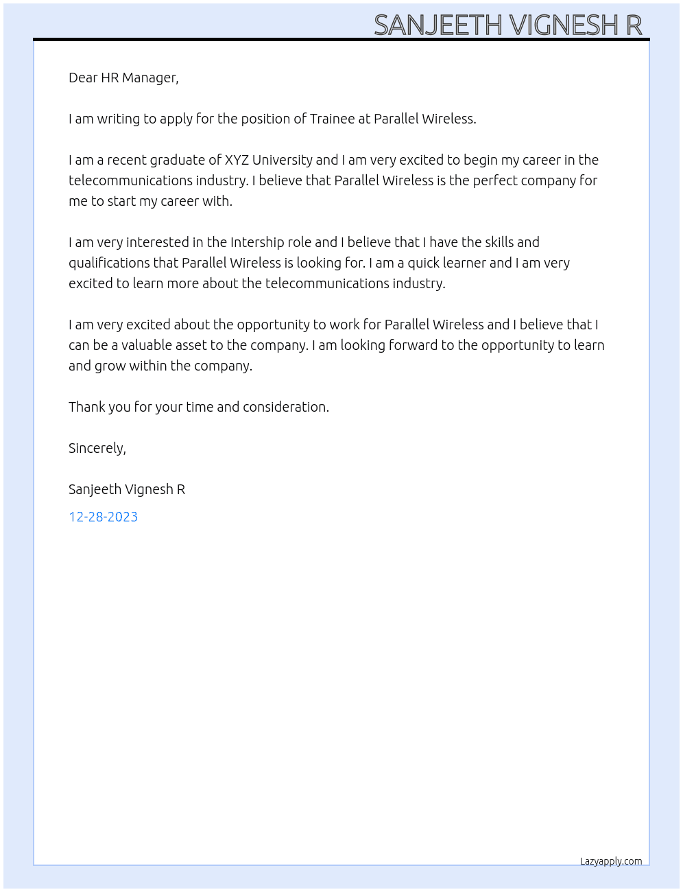 Trainee At Parallel Wireless  Cover Letter