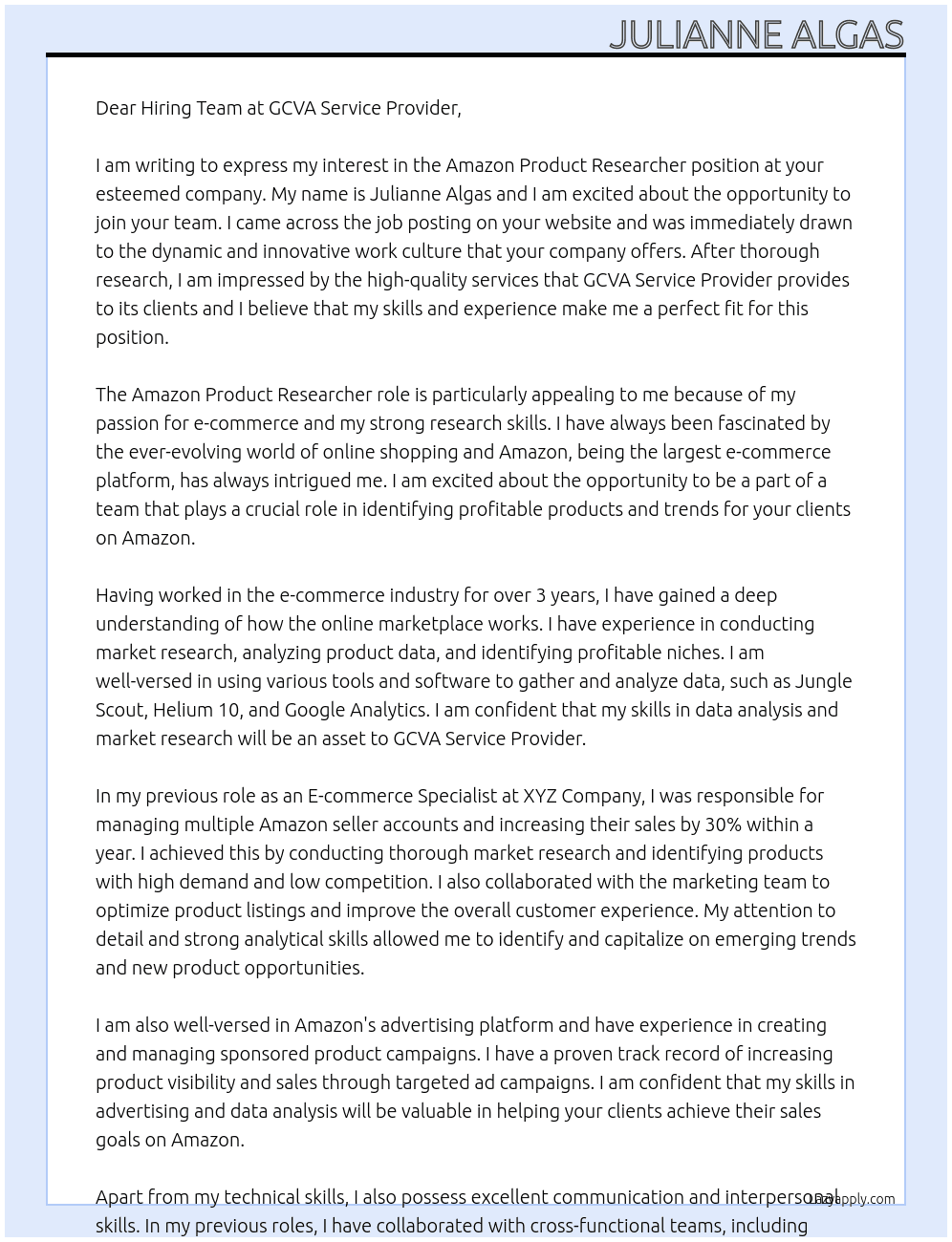 Amazon Product Researcher At GCVA Service Provider  Cover Letter