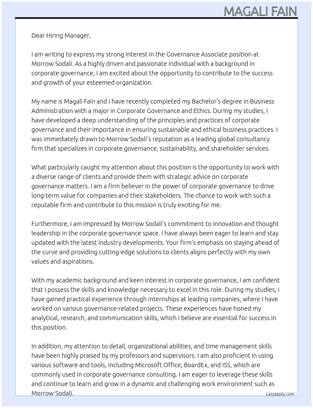 Governance associate At Morrow Sodali Cover Letter