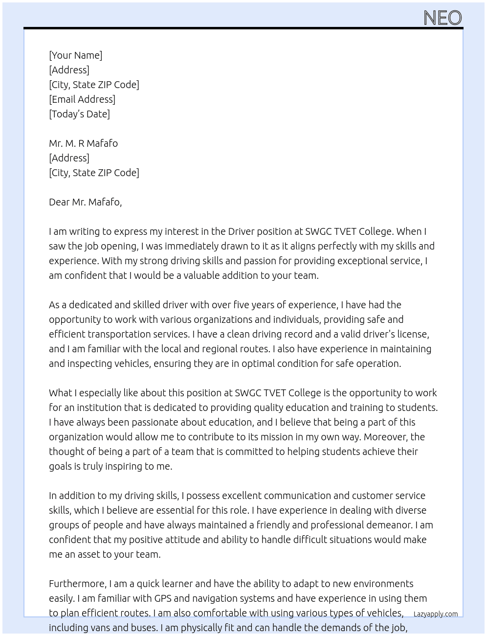 Driver At SWGC TVET COLLEGE  Cover Letter