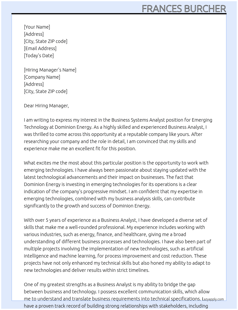 Business Systems Analyst - Emerging Technology At Dominion Energy Cover Letter