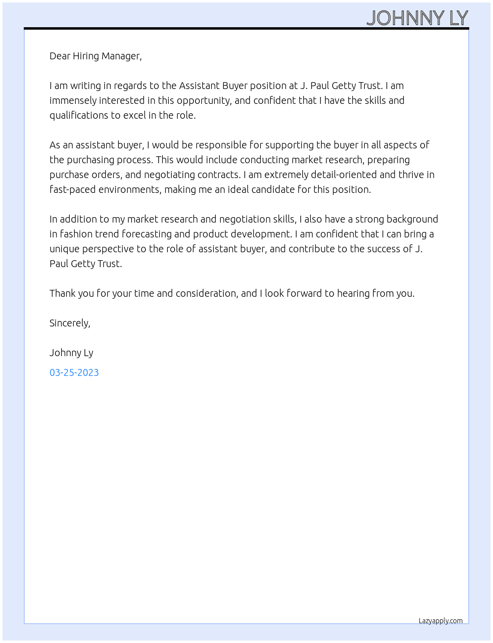 Assistant Buyer At J. Paul Getty Trust Cover Letter
