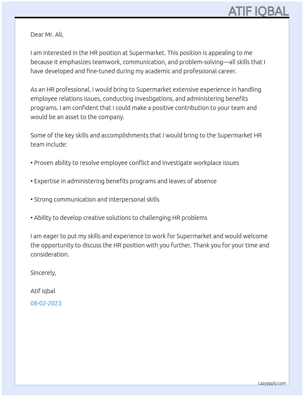 HR At Supermarket  Cover Letter