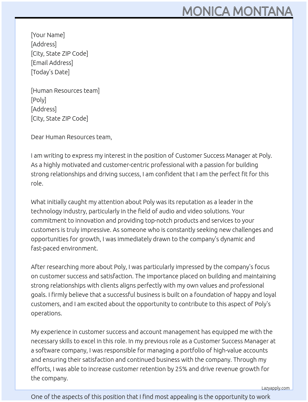 Customer Success Manager At Poly Cover Letter