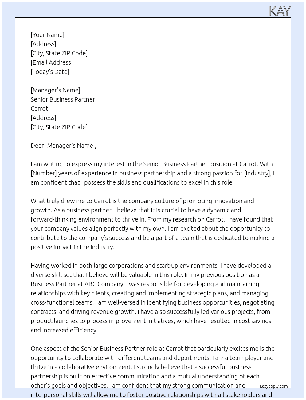 Senior business partner  At Carrot Cover Letter
