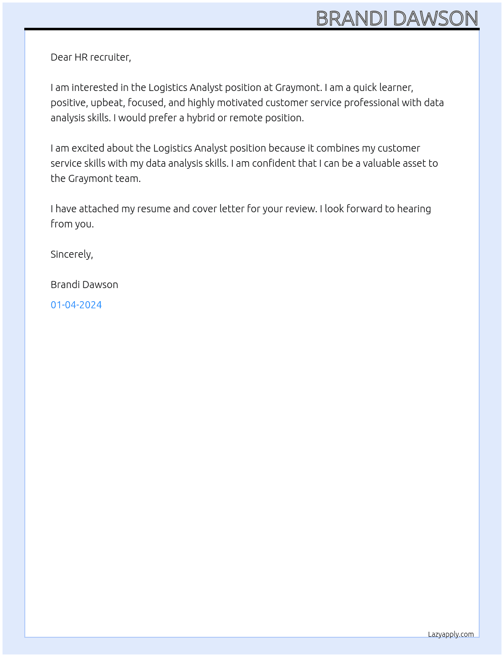 Logistics Analyst At Graymont Cover Letter