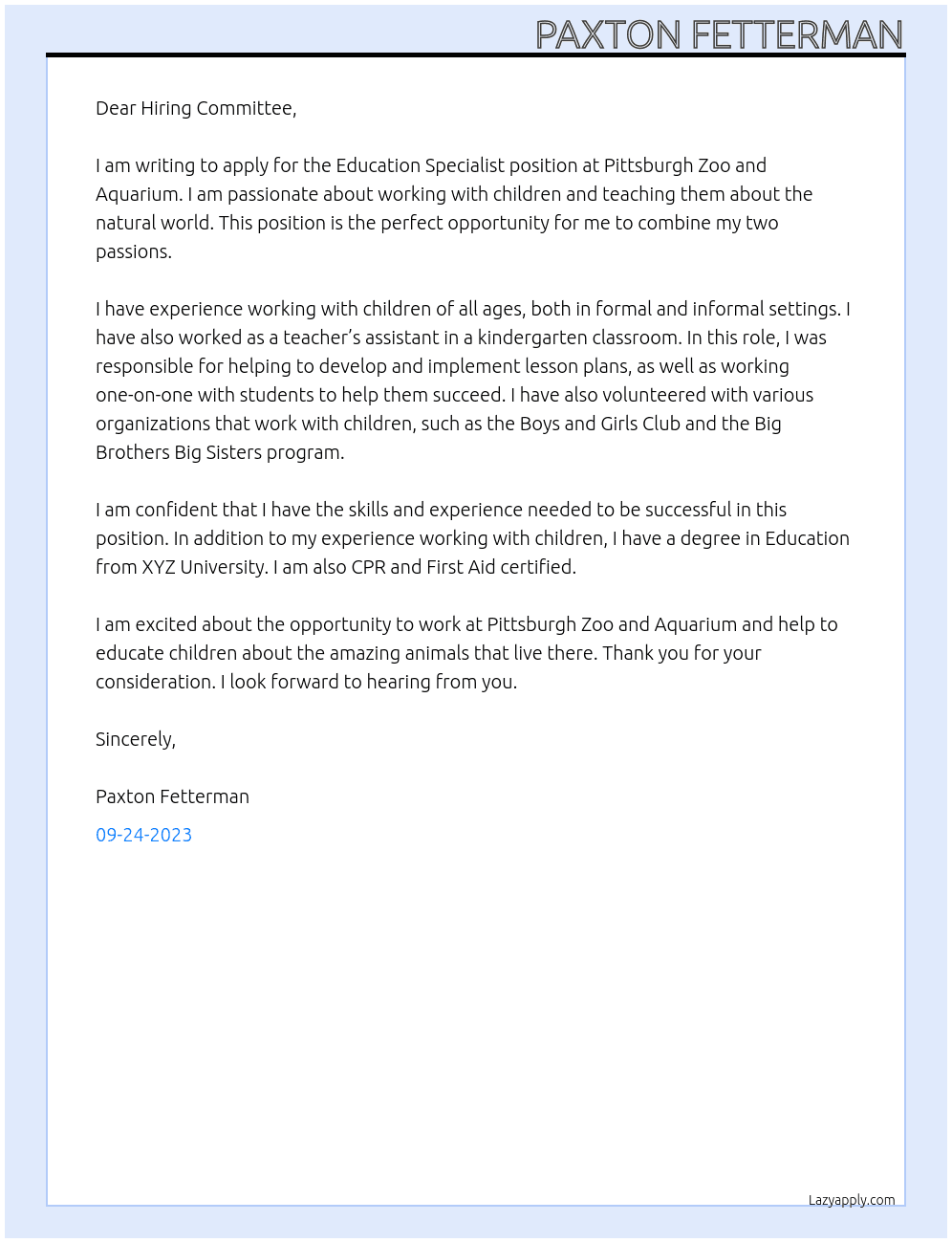 Education Specialist At Pittsburgh Zoo and Aquarium Cover Letter