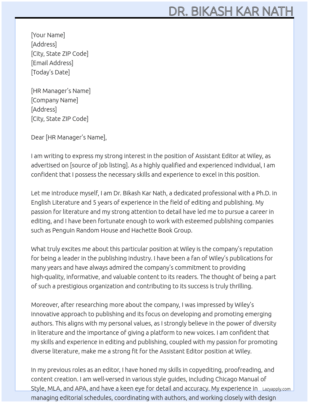 Assistant editor At Wiley Cover Letter