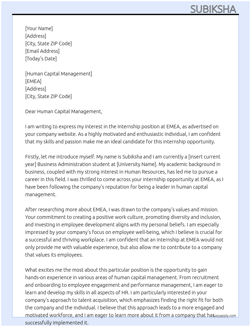 Internship  At Emea Cover Letter