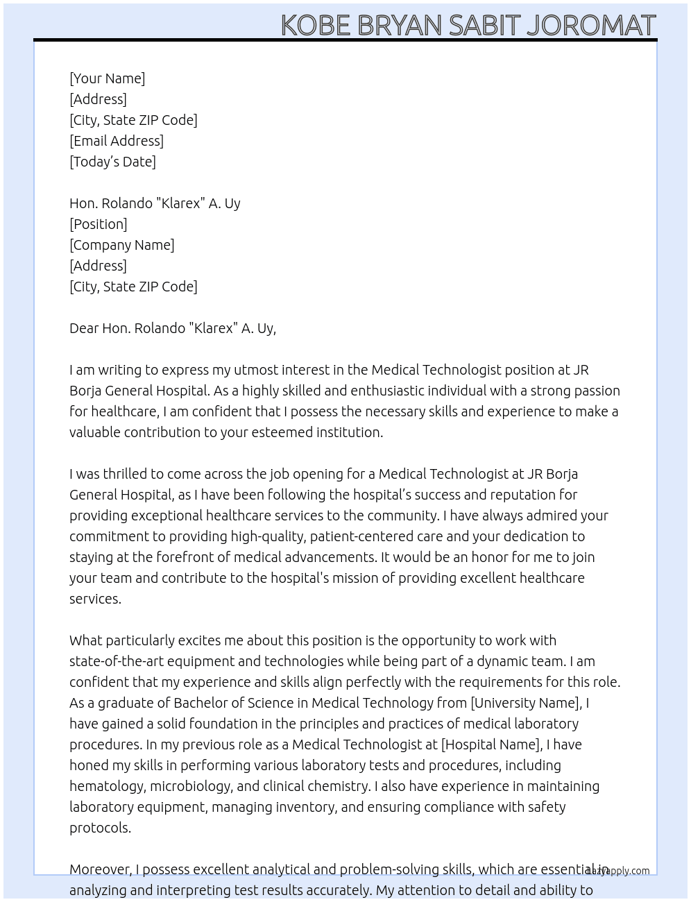 Medical Technologist  At JR Borja General Hospital Cover Letter