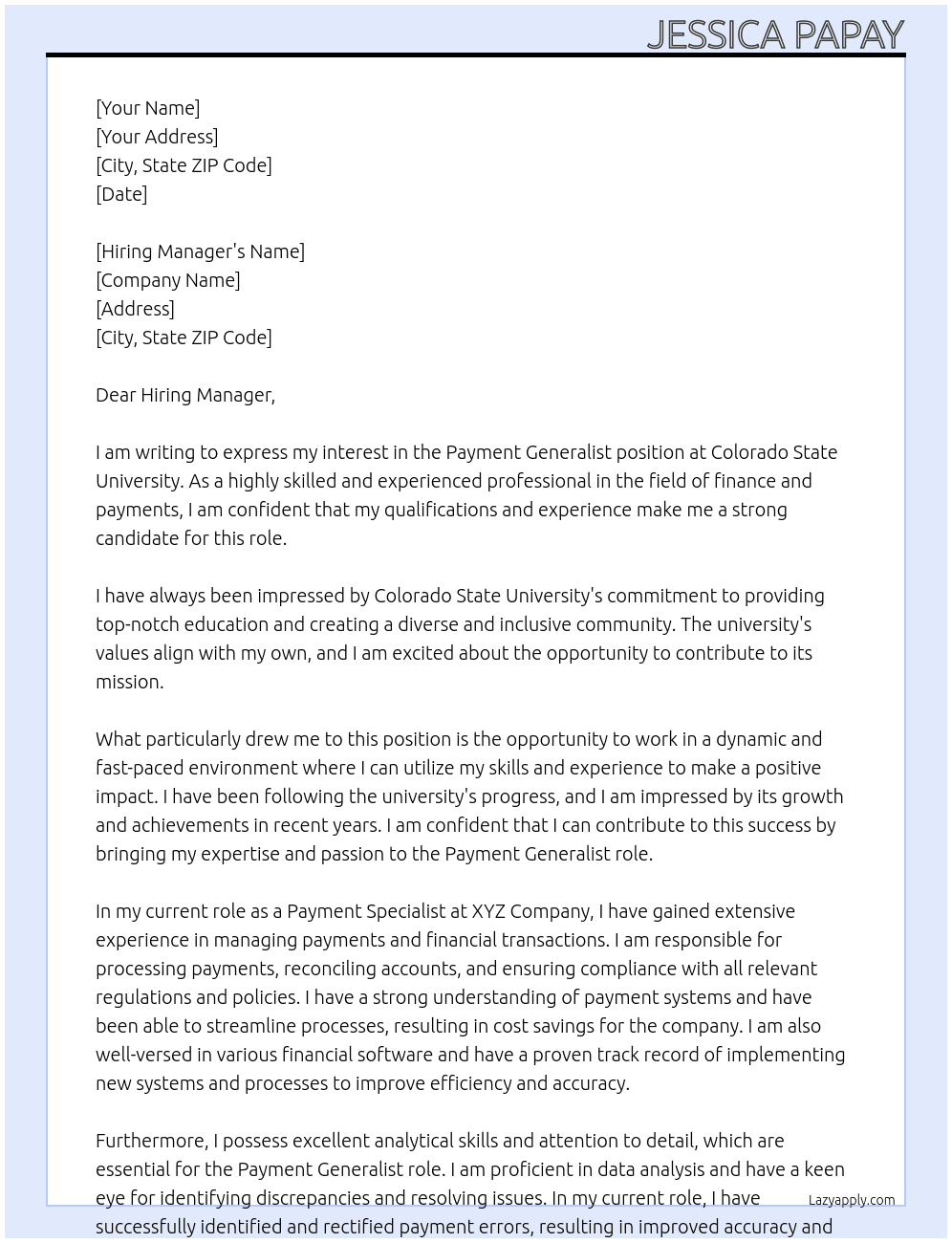Payment Generalist At Colorado State University Cover Letter
